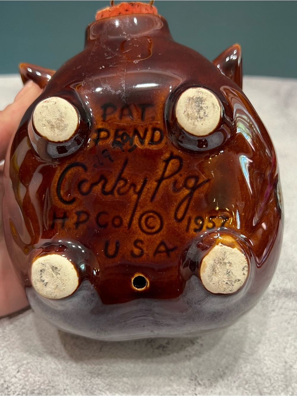 Vintage 50s Hull Pottery Corky Pig Ceramic Coin Bank MCM Brown Blue Drip Glaze - Picture 9 of 9